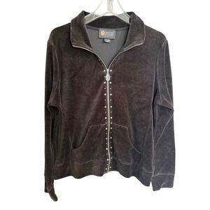 Christine Alexander Velour Jacket Rhinestone Embellished Pockets Y2K Glam Large